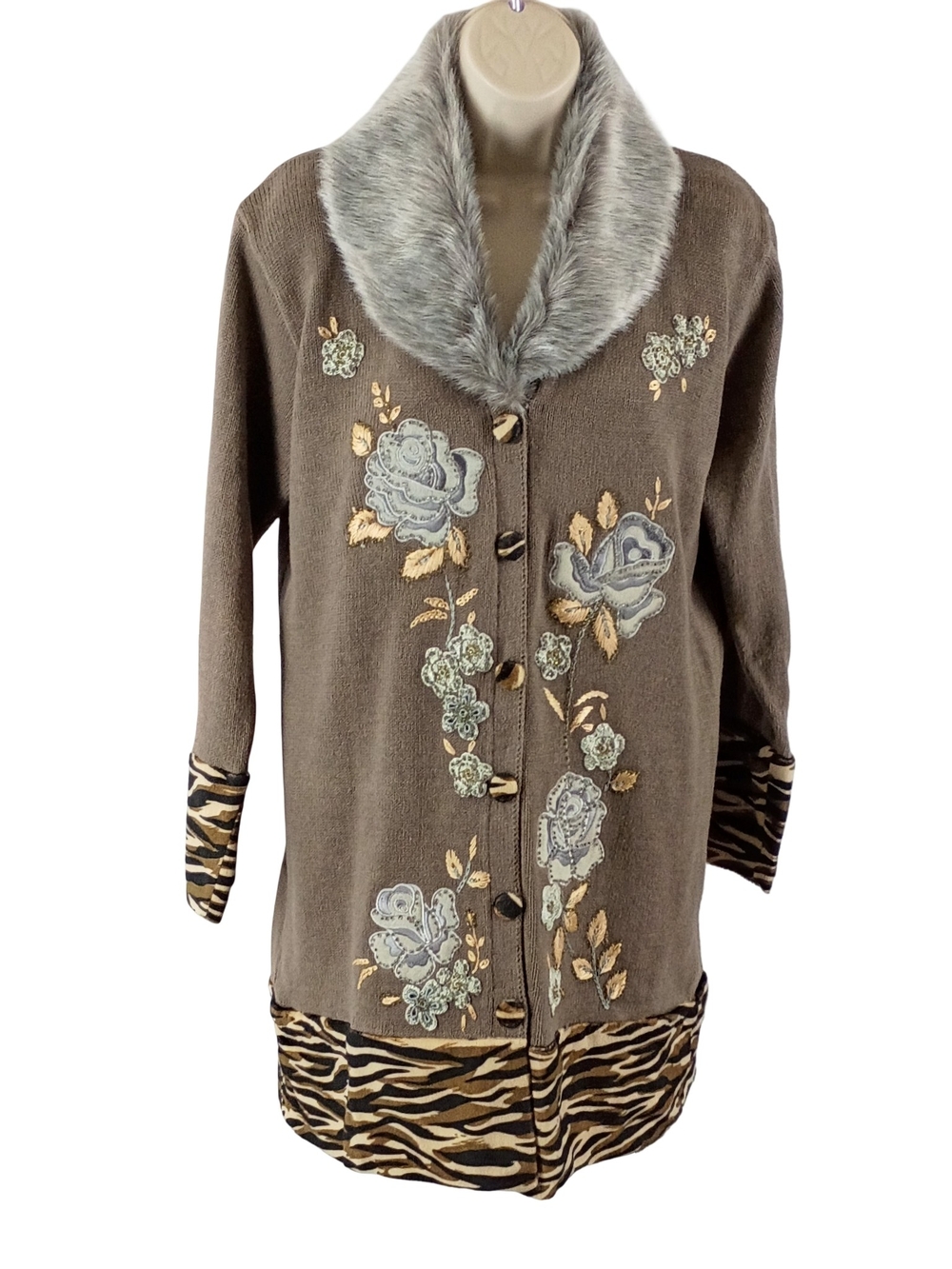 Vintage Storybook Knits Taupe Floral Embroidery Cardigan with Faux Fur Collar